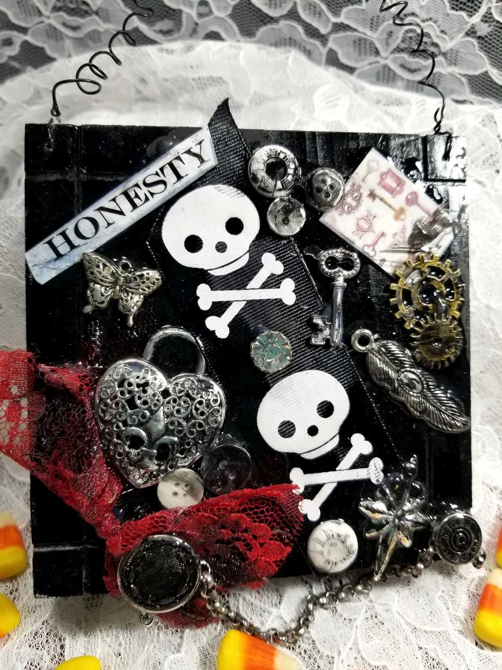 Black Wall Plaque with Skull & Bones Ribbon, Honesty Sign, Recycle Jewelry, Keys & Gears, Punk Goth Sign