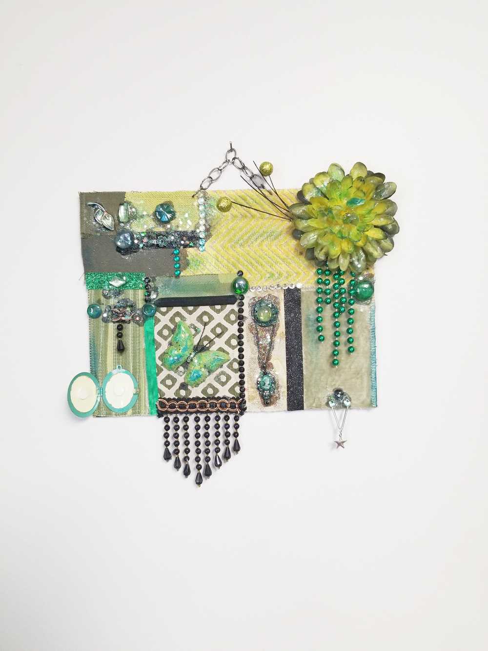 Decorative Collage of Green Fabrics, Recycled Jewelry, Flowers & Mini Picture Frame, Wall Art, Wall Hanging