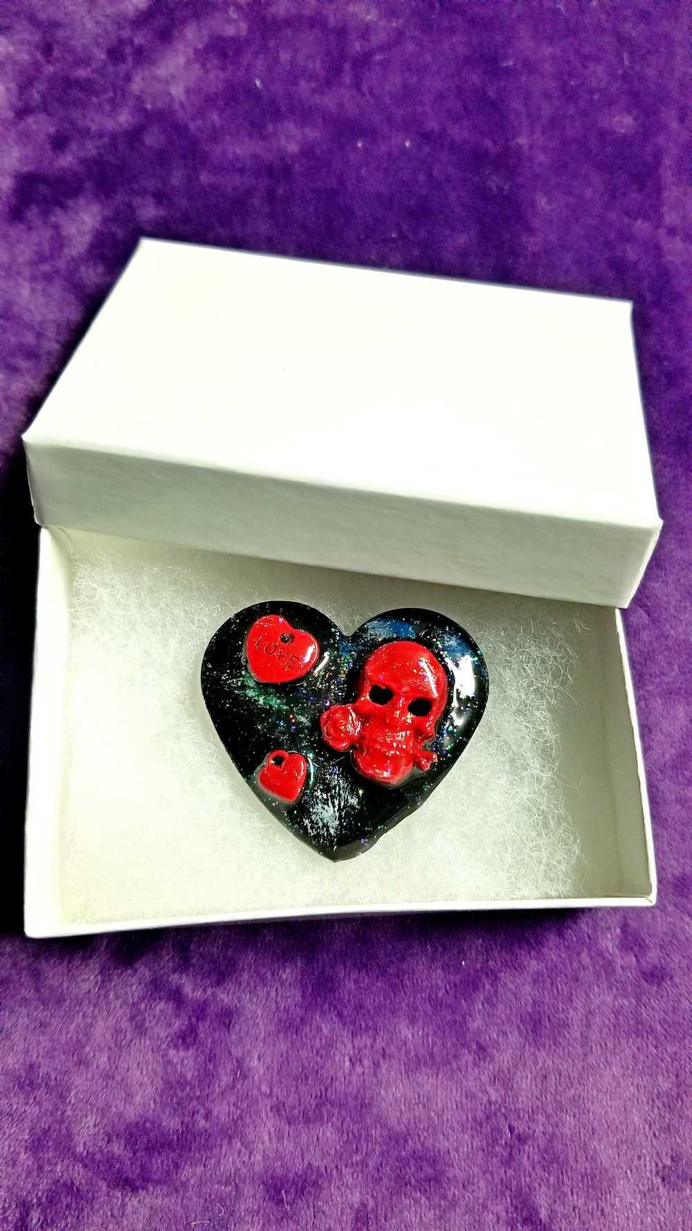 Black Porcelain Heart Shaped Brooch with Red Skull and Heart Charms