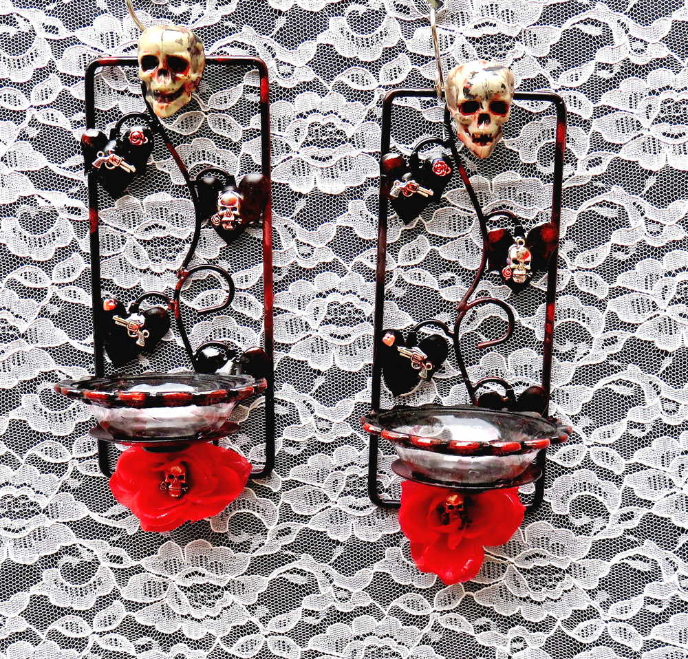 Wall Mounted Battery Candle Holder with Skulls & Red Roses, Glass Bowls Holds Two Battery Candles