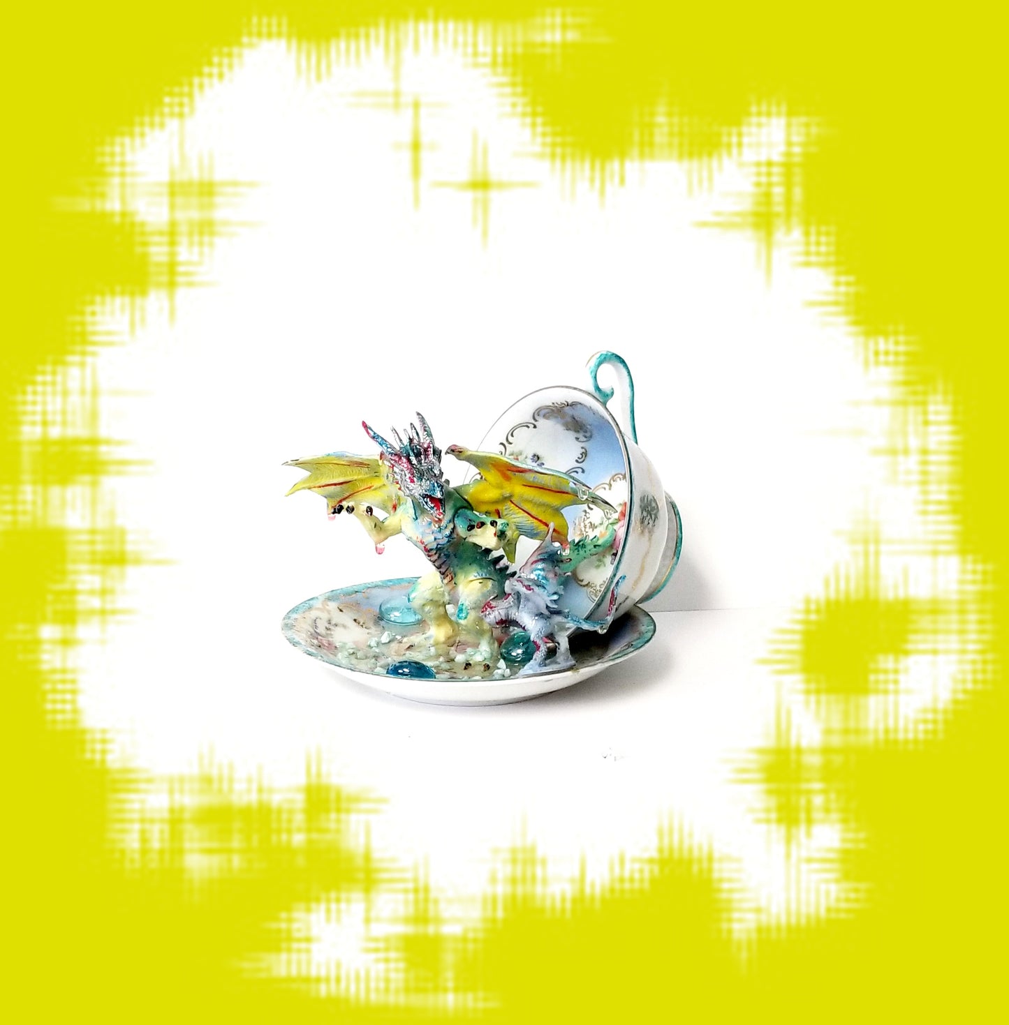 Fighting Dragons in a Vintage Teacup and Saucer Encased in Resin