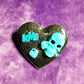 Black Porcelain Heart Shaped Brooch with a Teal Skull, Love and a Heart Charm