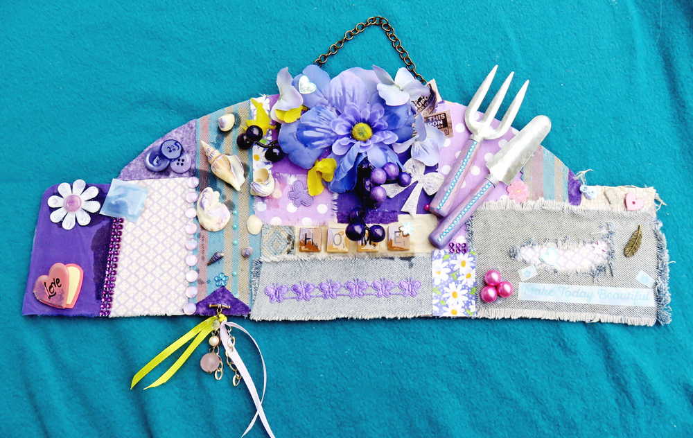 Blue Jean Fabric Wall Plaque with Garden Tools, Purple Flowers, Grapes and Seashells