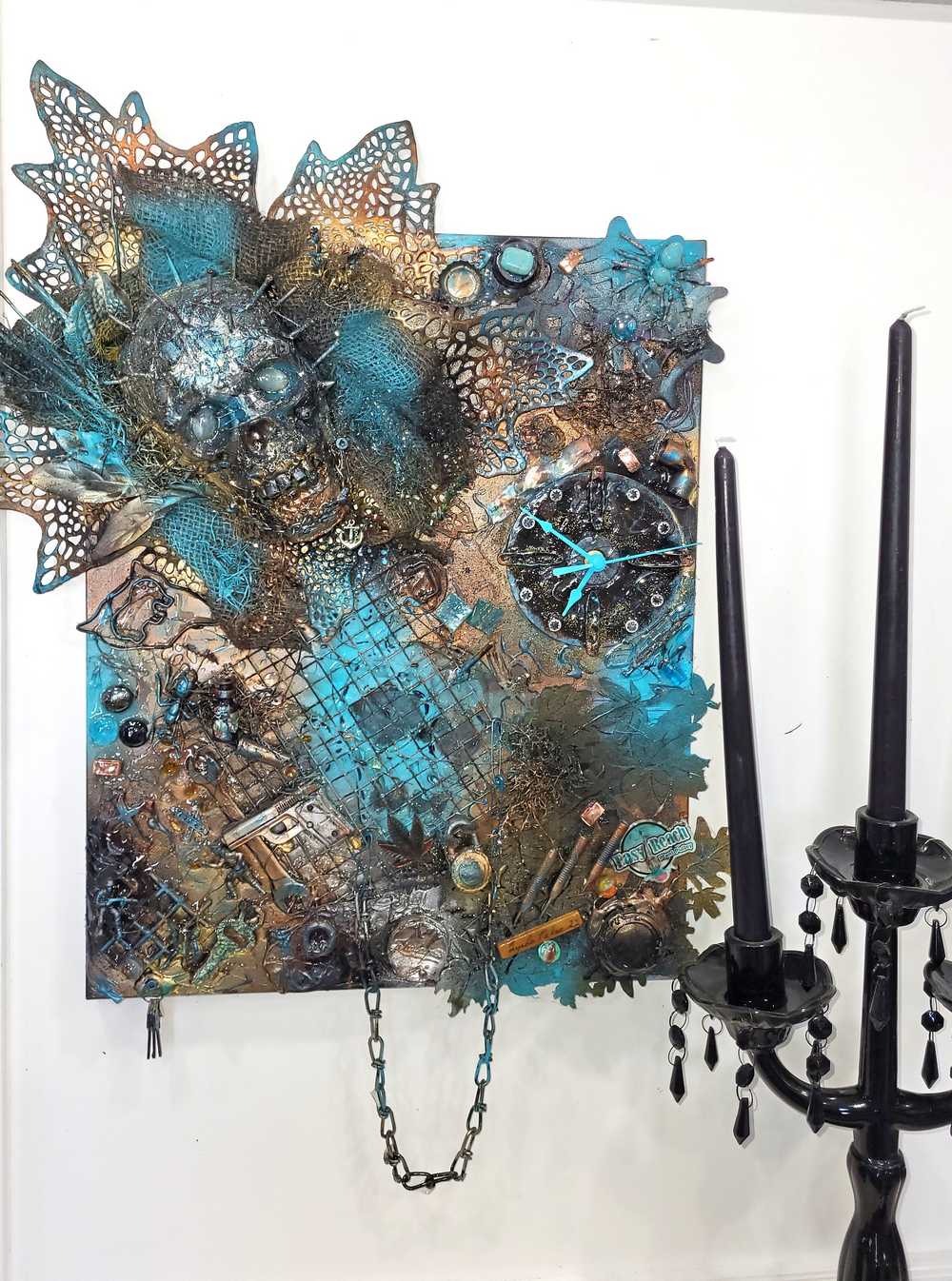 Creepy Skull  Clock on 16 x 20 inch Canvas, with Chains, Nuts, Bolts, Teal Blue