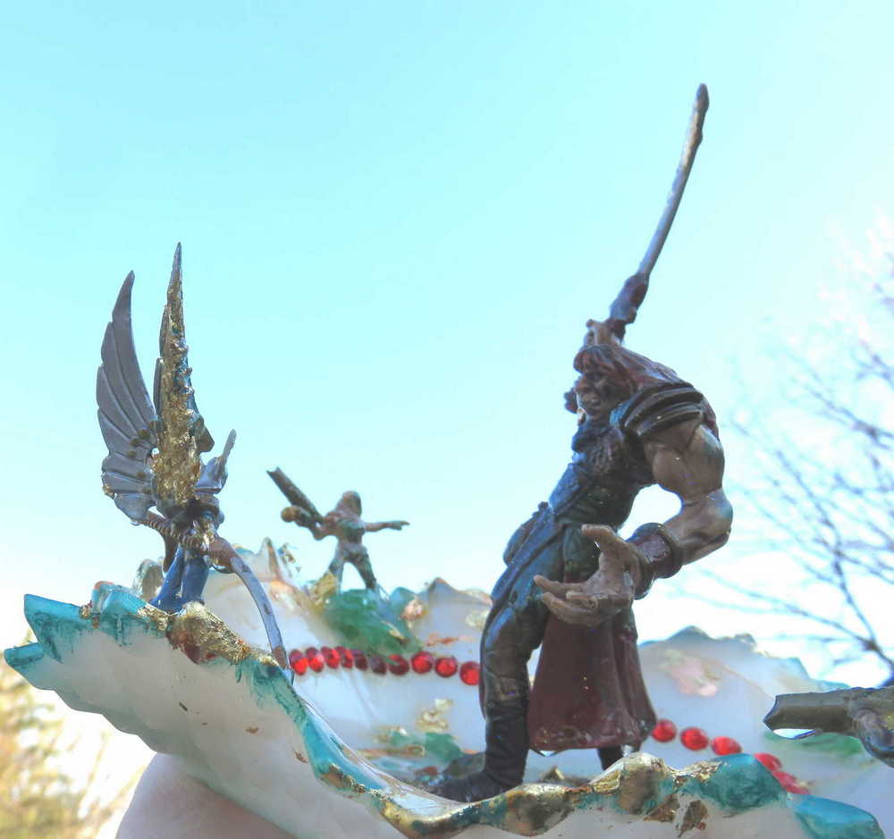 Sword Wielding Giant Mutant, and a Winged Princess, Battling it Out, in an Antique Glass Dish, Collectible