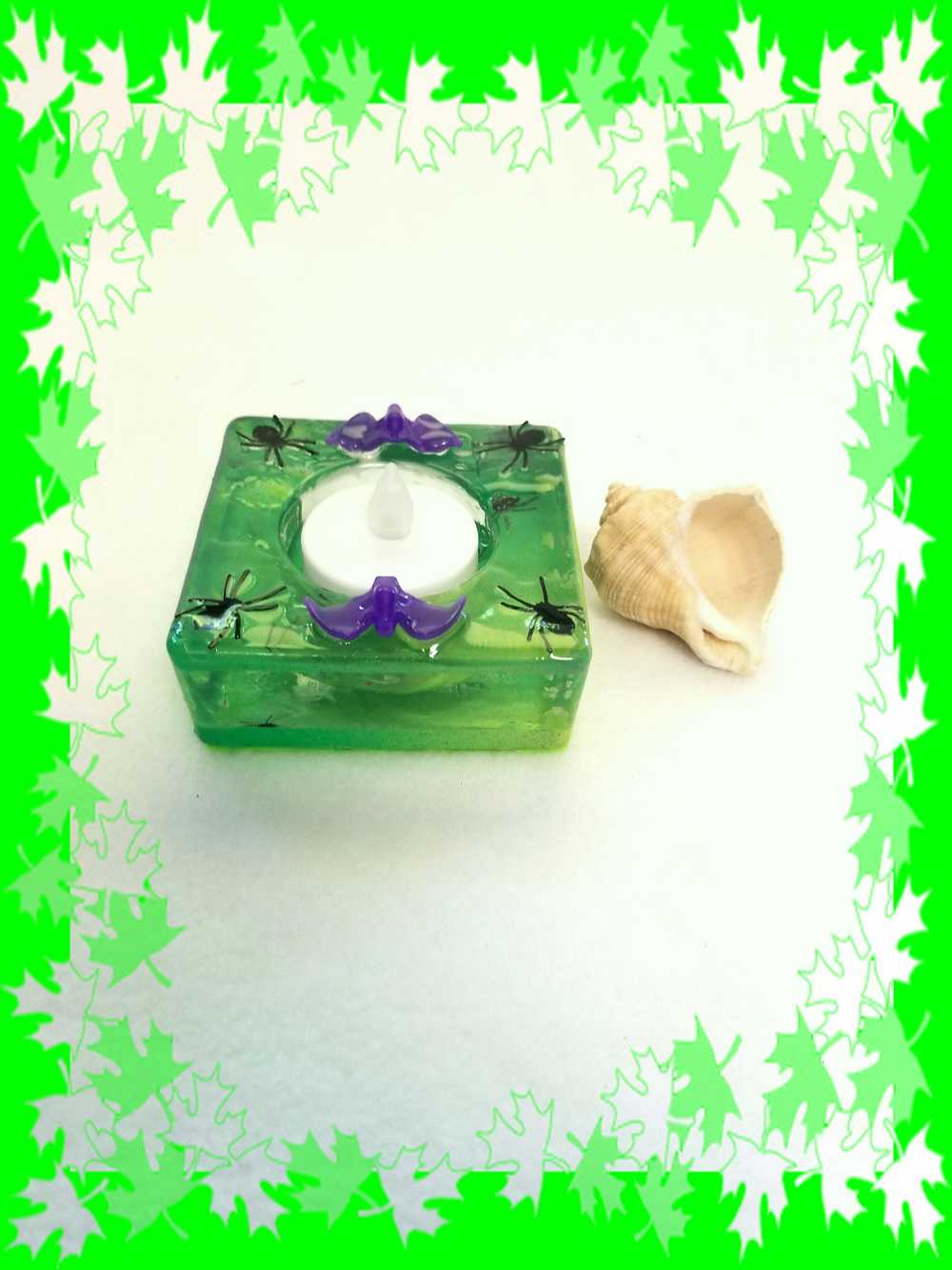 Square Green Candle Holder for a Battery Candle with Black Spiders and Purple Bats