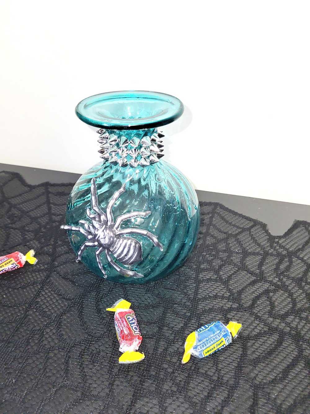 Intense Teal Glass Vase with Shining Silver Studs and a Textured 3D Spider