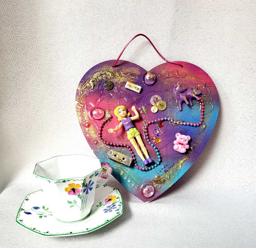 Pink & Blue Child's Art Work for Bedroom, Nursery, Playroom Wall Hanging, Wood Heart with Doll and Unicorn