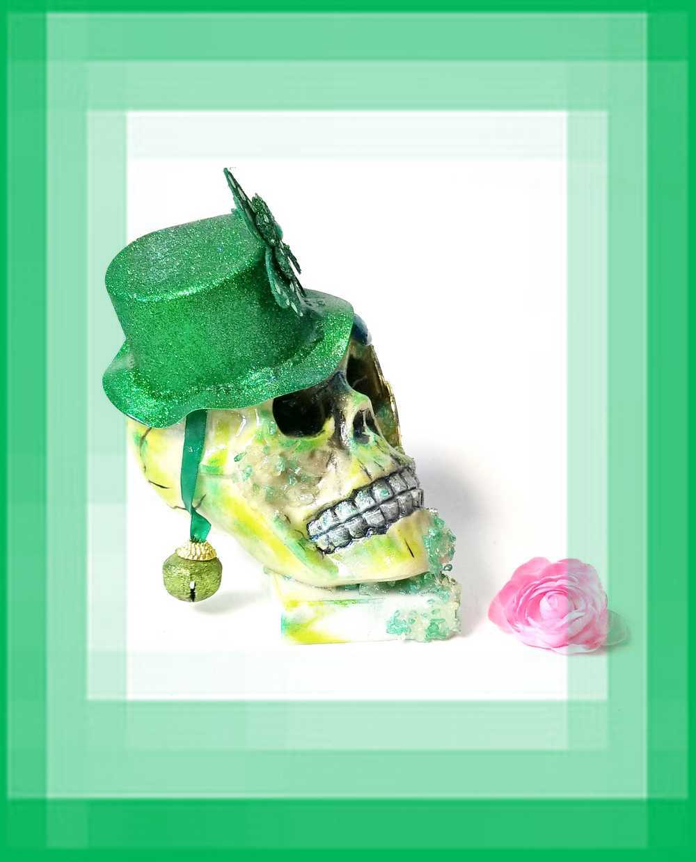 Handmade Resin St. Patrick's Day Skull with Top Hat, Shamrock, Bell & Gold Coins on a Marble Base