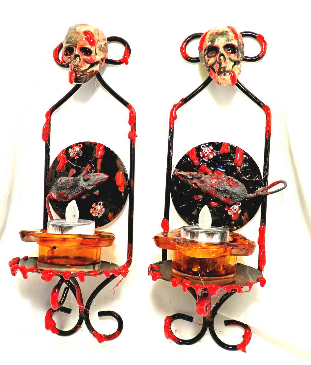 Wall Mounted Battery Candle Holder with Bloody RATS & SKULLS