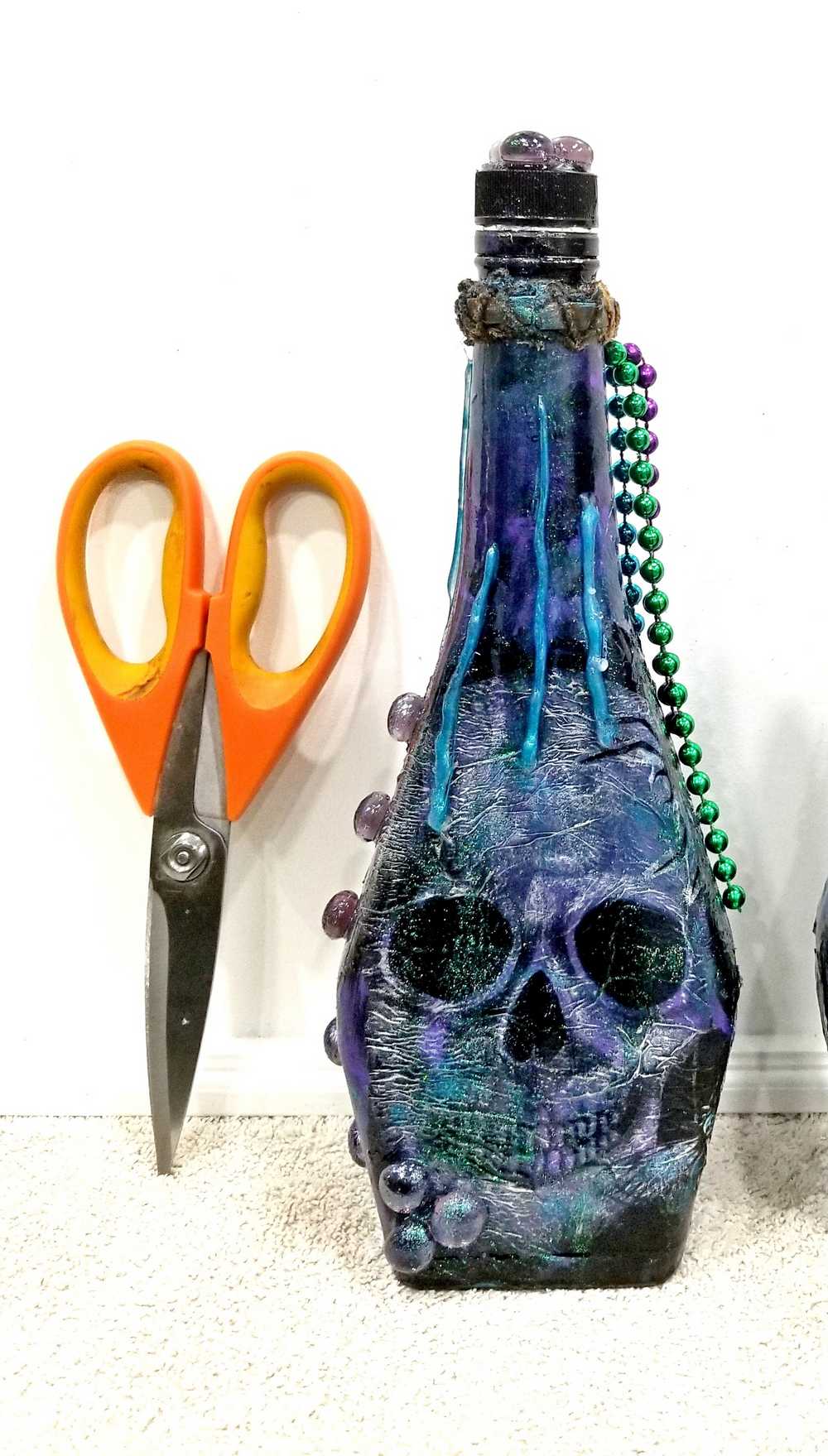 Altered Refillable Glass Bottle, Decoupage Skull Art with Multi Beads and Glass Gems