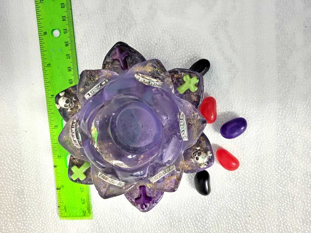 Rose Petal Glass Painted Purple Candle Holder for Battery Operated Candles with Cross & Bone Charms