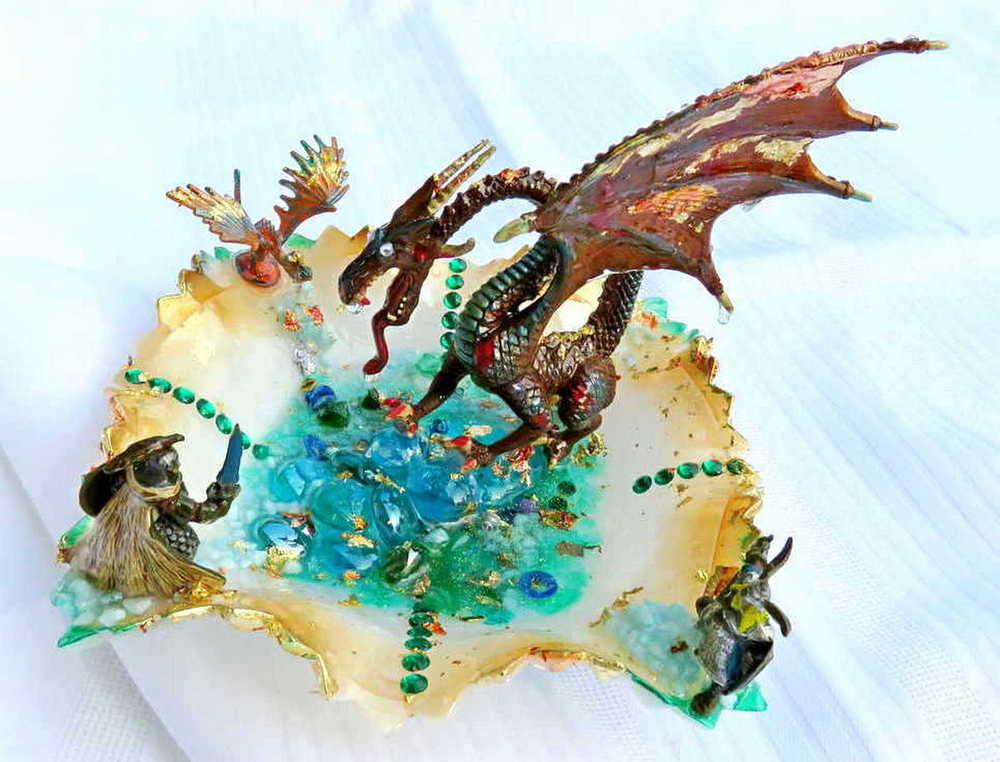 Fire-Breathing Dragon in Antique Glass Dish in a Fierce Fight for Survival