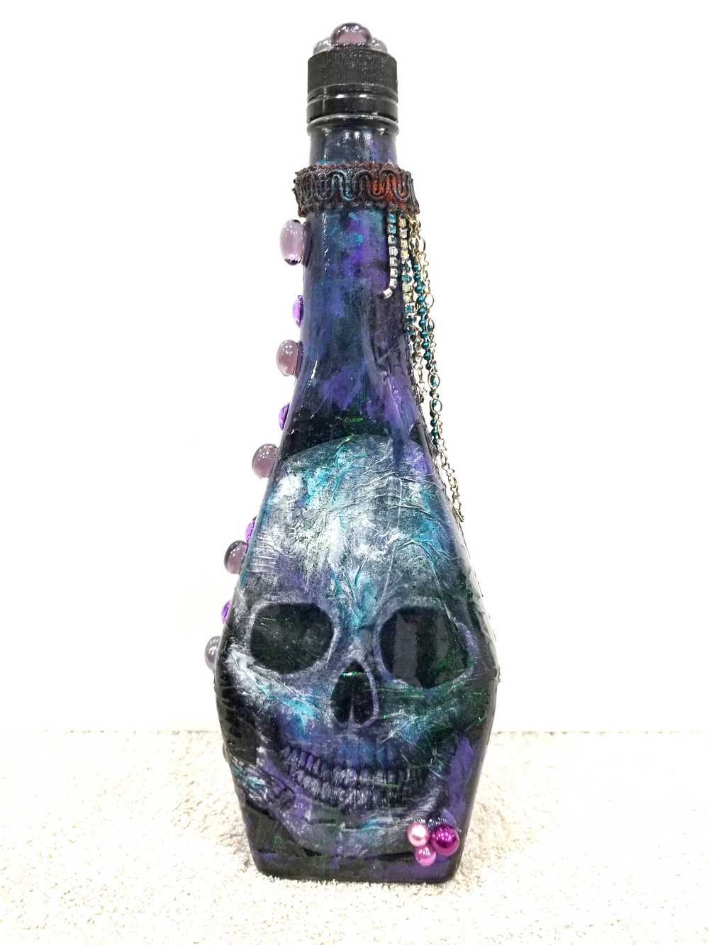 Altered Glass Bottle, Decoupage Skull Art Bottle for Re-Use