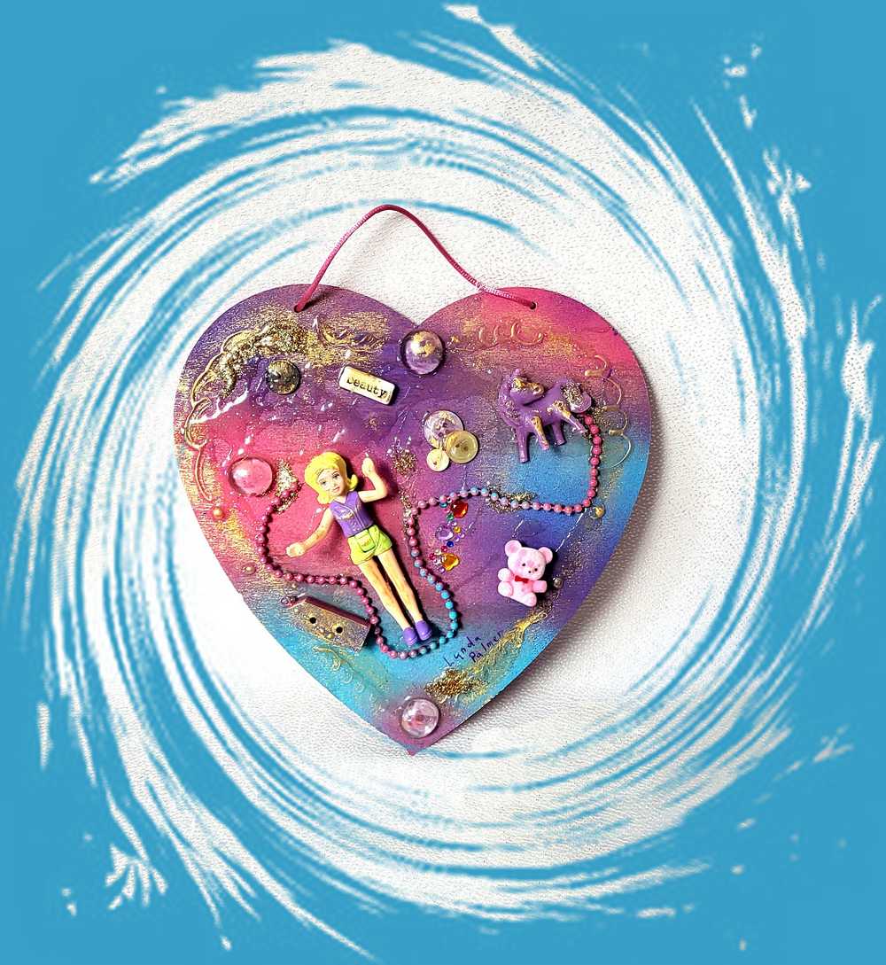 Pink & Blue Child's Art Work for Bedroom, Nursery, Playroom Wall Hanging, Wood Heart with Doll and Unicorn