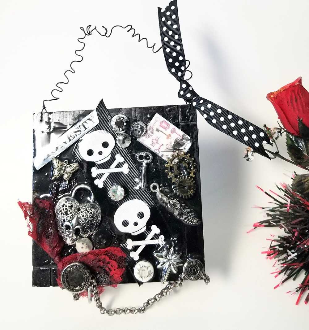 Black Wall Plaque with Skull & Bones Ribbon, Honesty Sign, Recycle Jewelry, Keys & Gears, Punk Goth Sign