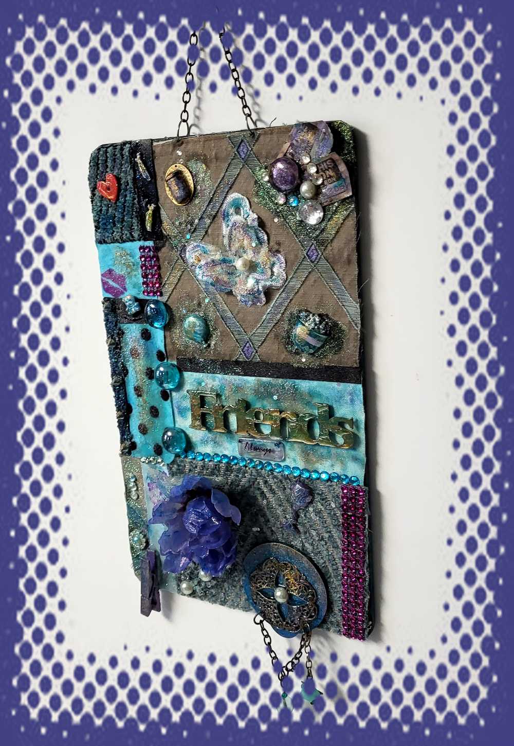 "Friend's" Wall Hanging Collage Using Fabrics In Blues, Purples and Teals, and Holds your "BEST FRIENDS" Photo