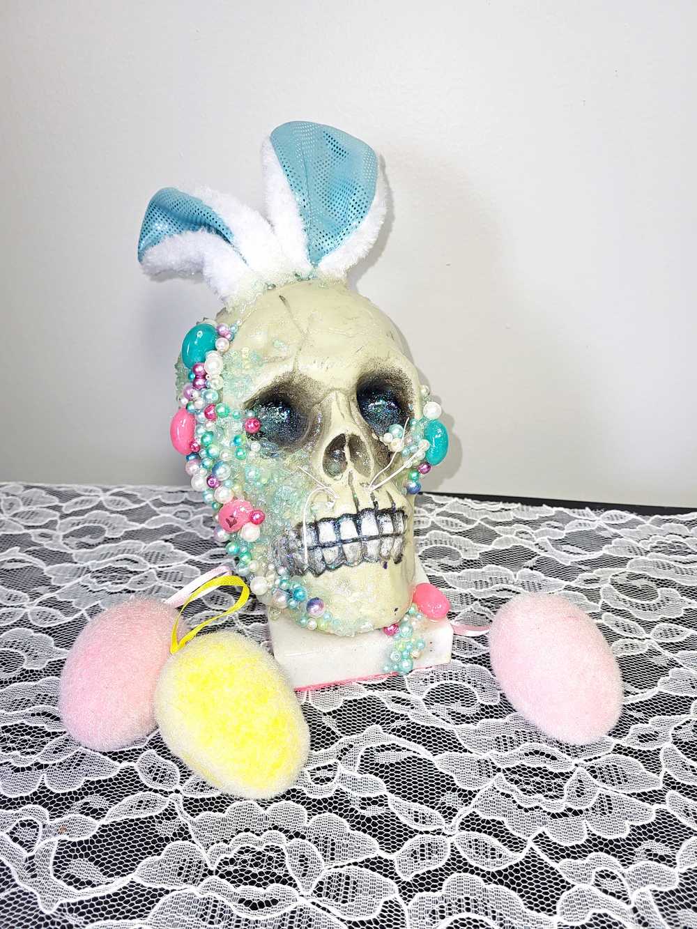 Resin Encased Easter Bunny Skull with Jelly Beans, Pearls & Glitter on a Marble Base