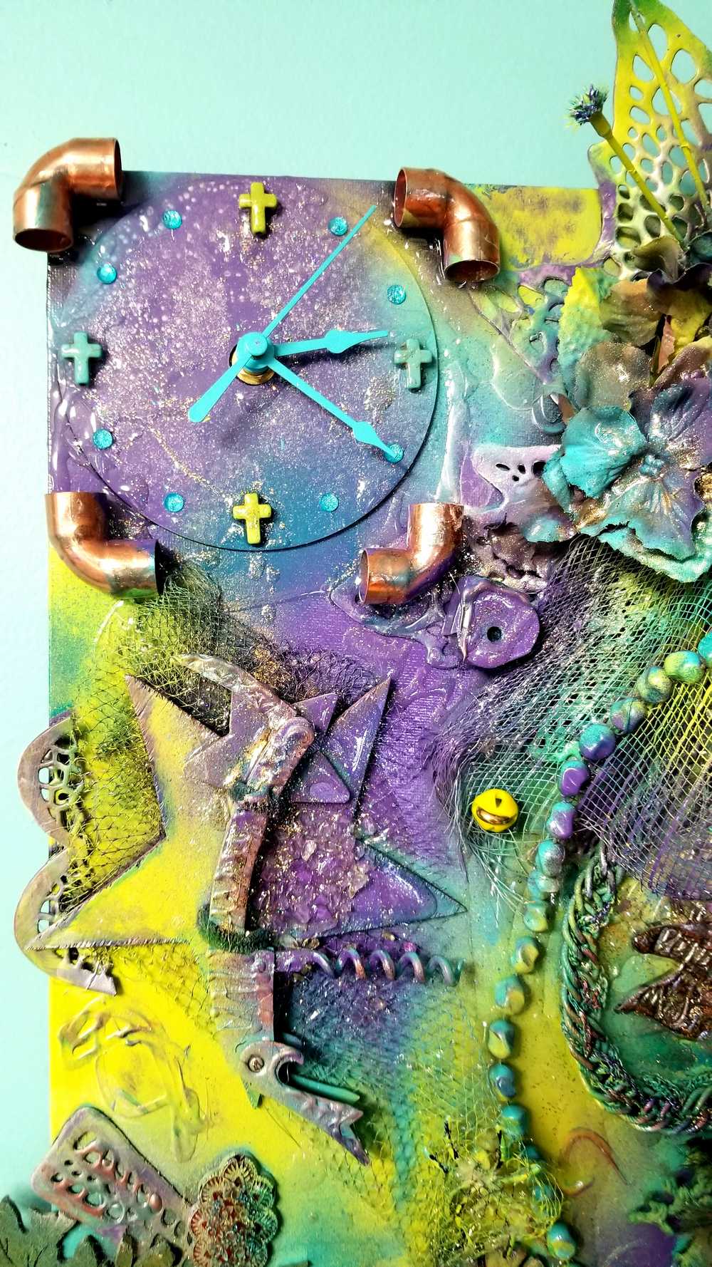 Skull Goddess and The Babe, in Purples & Blues, on 16L x 20W Mixed Media Canvas with Wall Clock