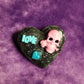 Black Porcelain Heart Shaped Brooch with a Pink Skull and a Teal Heart & Love Charm