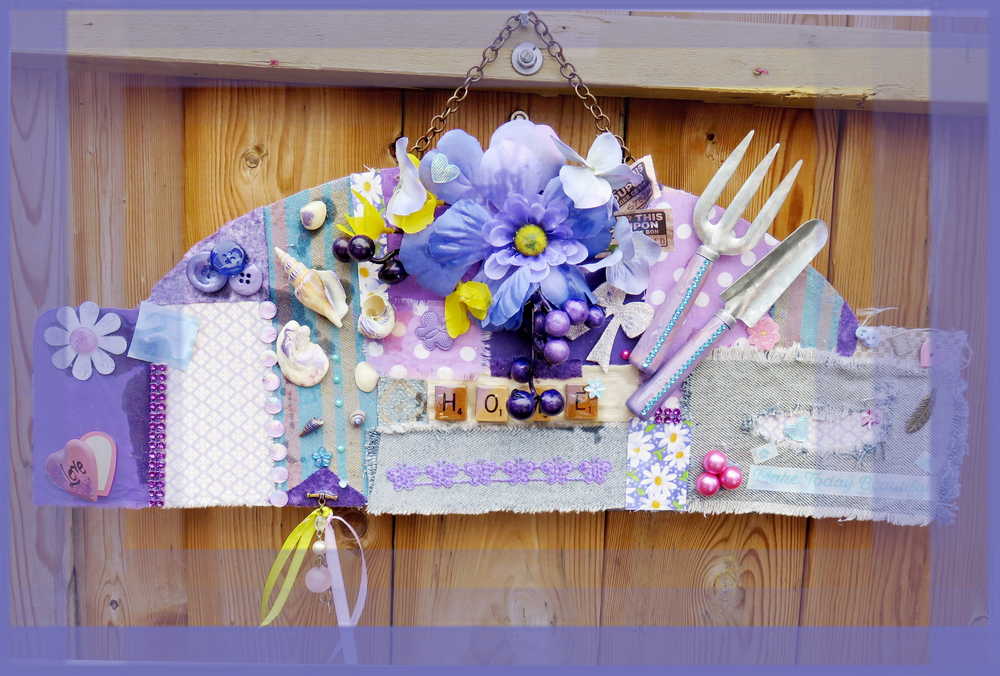 Blue Jean Fabric Wall Plaque with Garden Tools, Purple Flowers, Grapes and Seashells