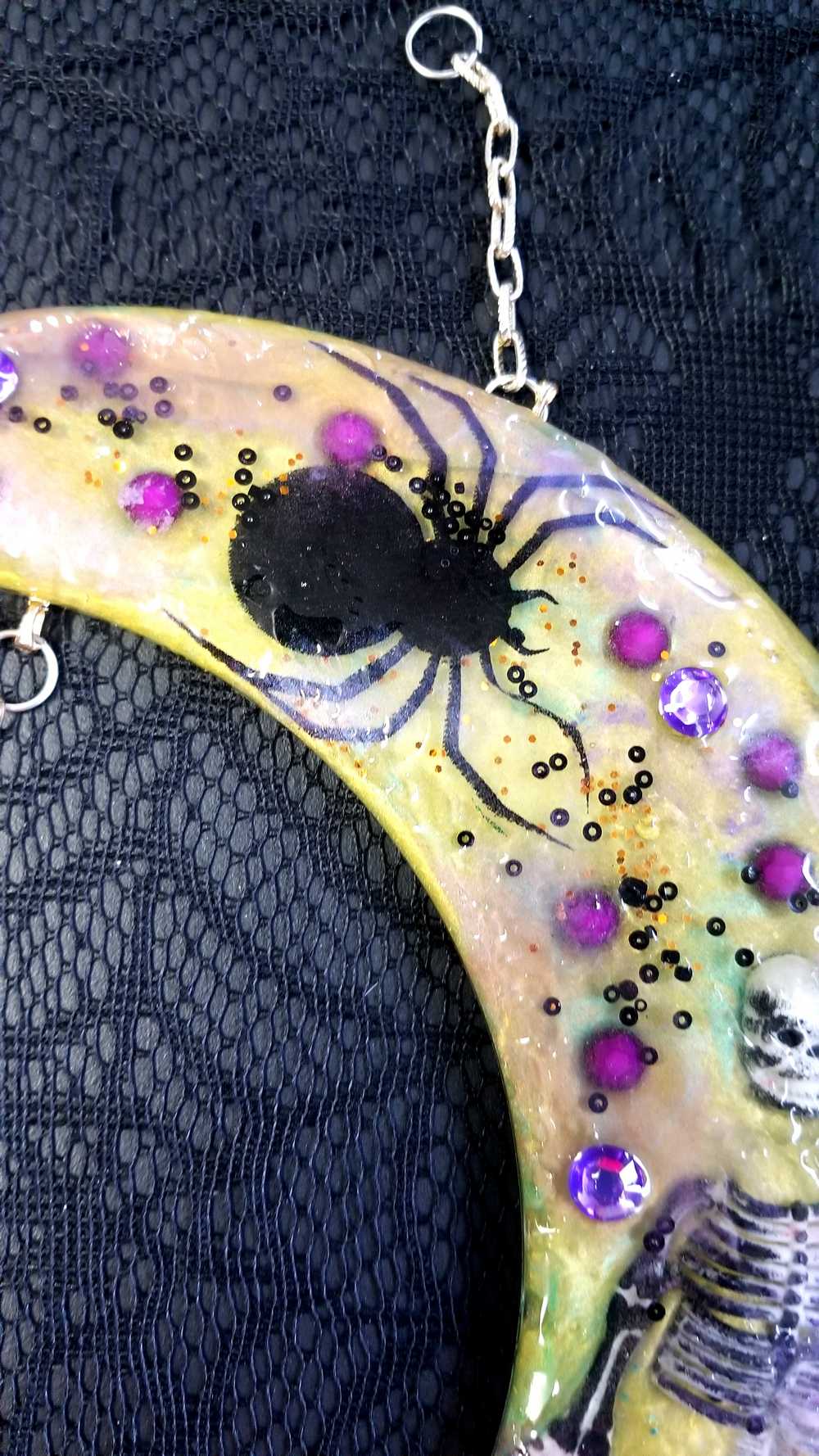 Resin Moon with Purple Beads and Spiders