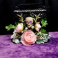 Black Metal Skull Container, with Pink Roses, Container for Dry/Silk Flowers