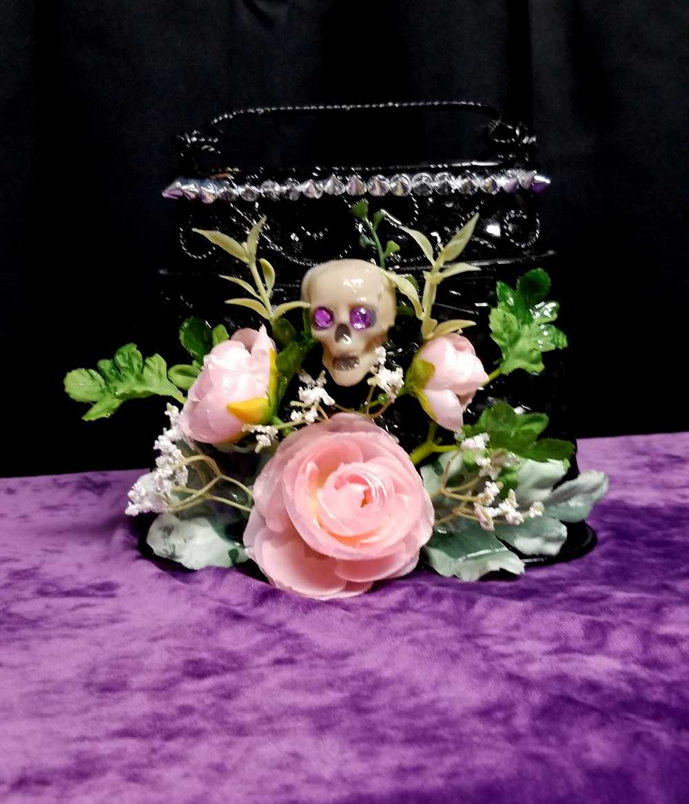 Black Metal Skull Container, with Pink Roses, Container for Dry/Silk Flowers