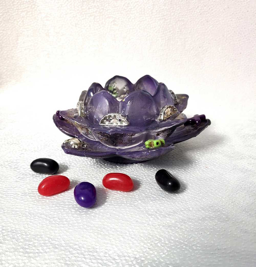 Rose Petal Glass Painted Purple Candle Holder for Battery Operated Candles with Cross & Bone Charms