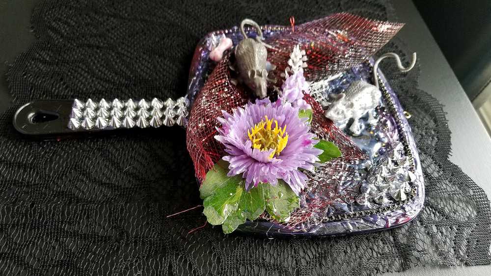 Black Studded Hand Held Mirror with Rats and Purple Flowers. Punk Art