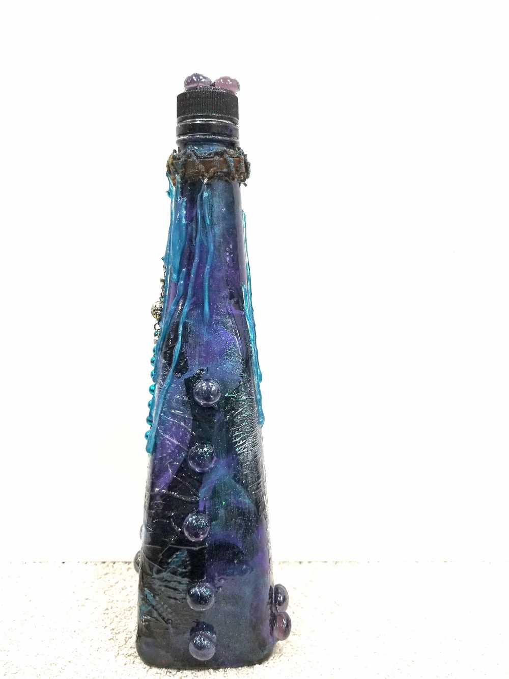 Altered Refillable Glass Bottle, Decoupage Skull Art with Multi Beads and Glass Gems