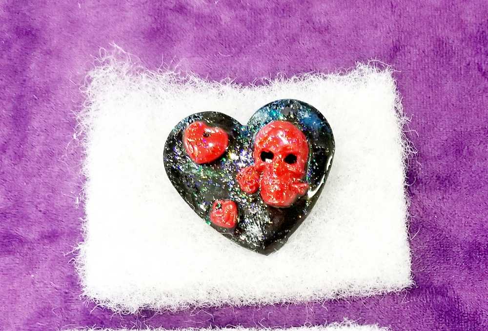 Black Porcelain Heart Shaped Brooch with Red Skull and Heart Charms