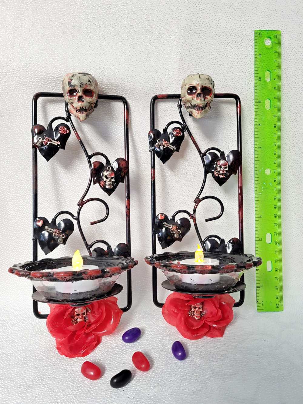 Wall Mounted Battery Candle Holder with Skulls & Red Roses, Glass Bowls Holds Two Battery Candles