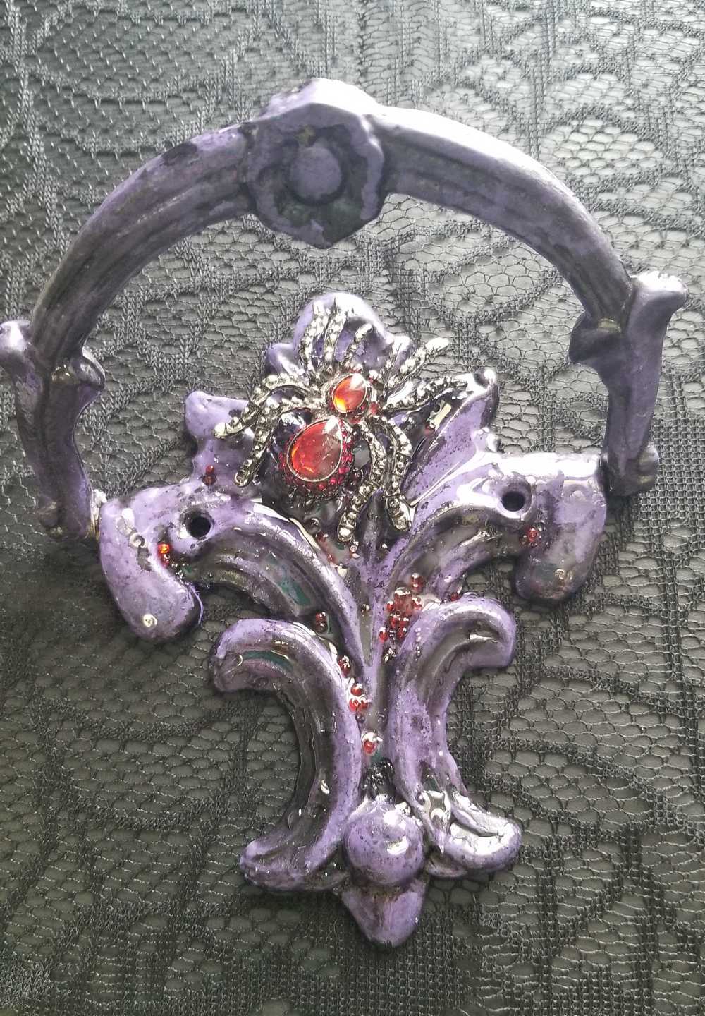 Antique Heavy Metal Door Knocker Painted Deep Purple with Red Studded Gemstone Spider