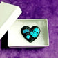 Black Porcelain Heart Shaped Brooch with a Teal Skull, Love and a Heart Charm