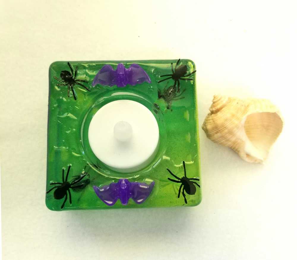 Square Green Candle Holder for a Battery Candle with Black Spiders and Purple Bats