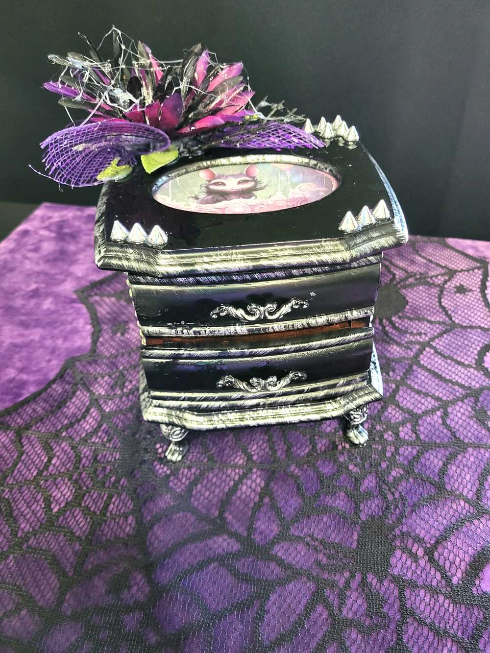 Musical Jewelry Painted Black With Baby Bats, Black & Purple Flower and Silver Spiked Domes