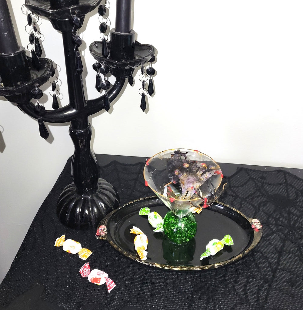 Creepy Halloween Cocktail Glass Recycled into a Candy Tray with Spiders & a Skeleton Hand