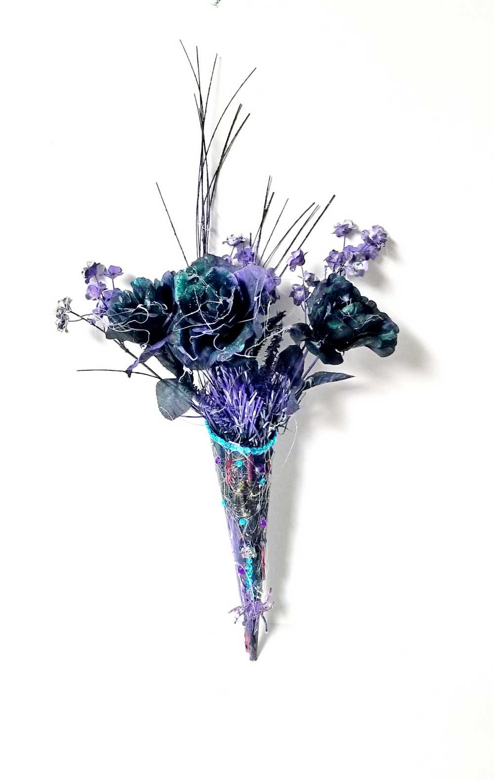 Goth Flower Arrangement, Black & Purple Roses in a Tin Match Cone, with Spiders & Skulls