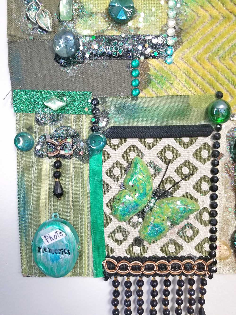 Decorative Collage of Green Fabrics, Recycled Jewelry, Flowers & Mini Picture Frame, Wall Art, Wall Hanging