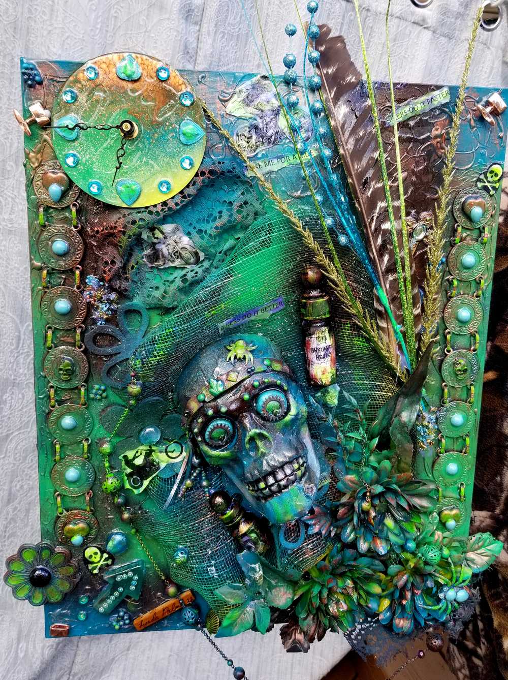 Clock, Voodoo Skull Witch Doctor on 16x20 inch Canvas with Turquoise Beads and Motorcycles