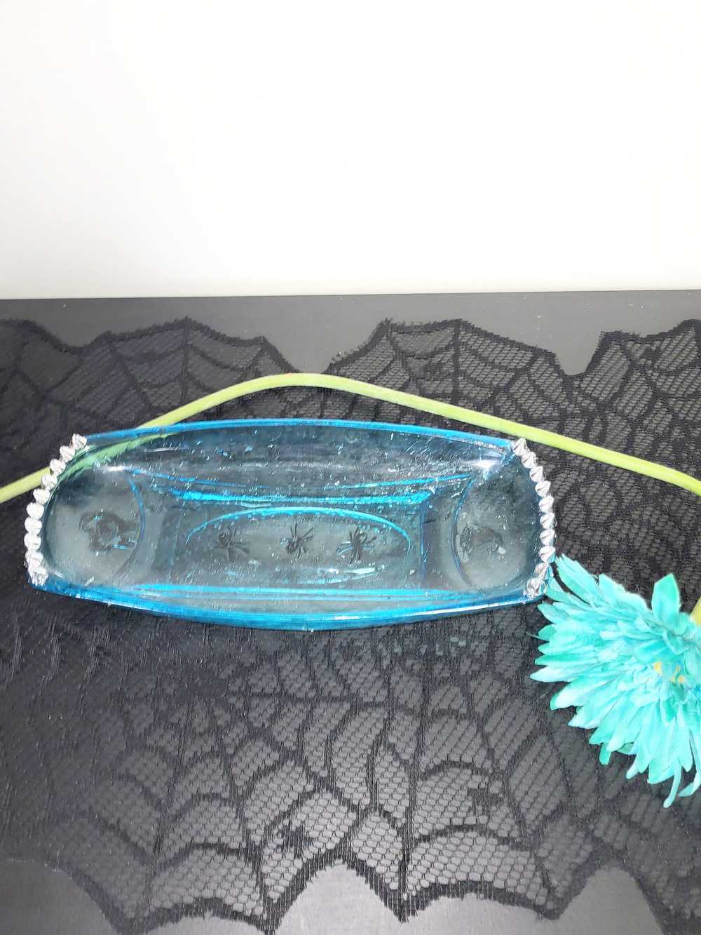 Long Teal Altered Glass Candy Dish with Silver Studs, a Black Cat and a Witch Hat