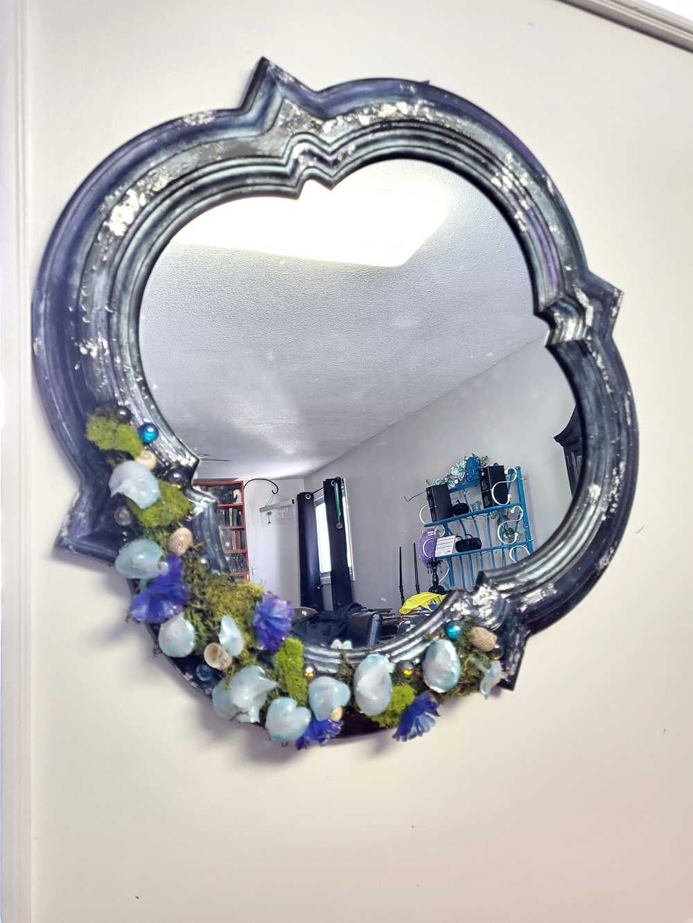 Black Hand Painted Unique Shaped Wall Mirror with Handmade Mushroom Colored Lights, 3 Settings