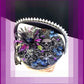 Wood Basket Covered with Black Skull Fabric, with a Purple & Black Flower, Blue Glass Cabochons & a Large Sparkley Spider