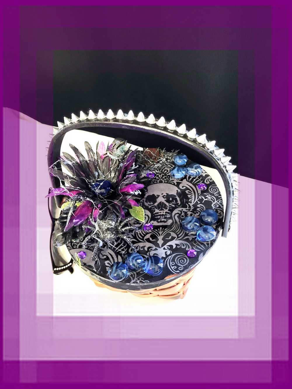 Wood Basket Covered with Black Skull Fabric, with a Purple & Black Flower, Blue Glass Cabochons & a Large Sparkley Spider