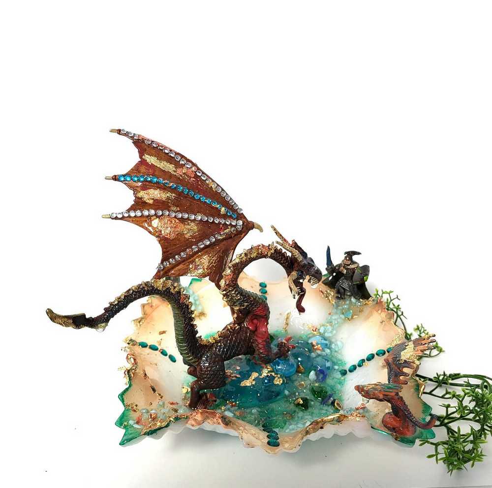 Fire-Breathing Dragon in Antique Glass Dish in a Fierce Fight for Survival