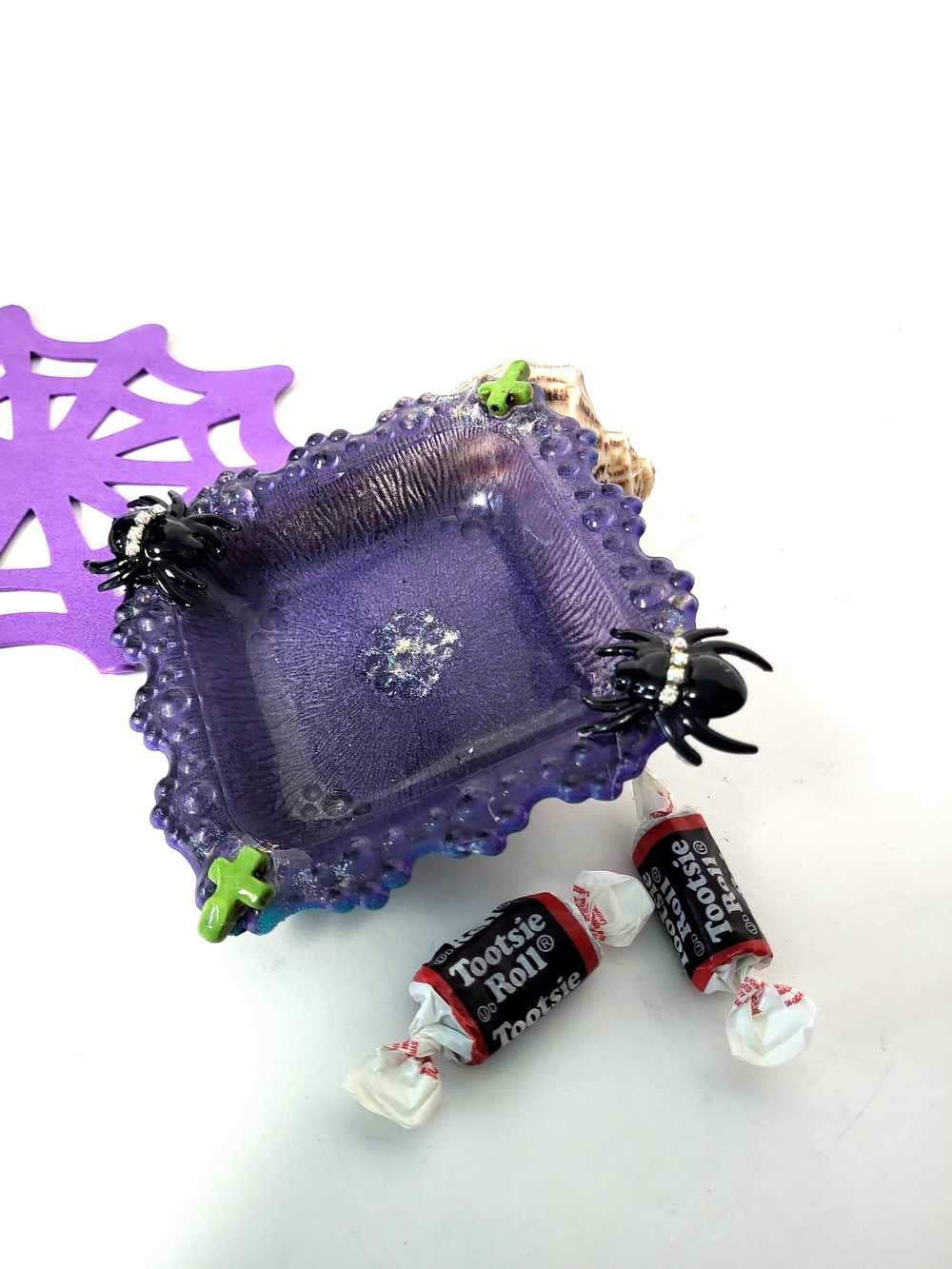 Creepy, Adorable Purple Candle Holder or Candy Dish  with Rhinestone Studded Black Spiders and Green Crosses