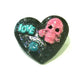 Black Porcelain Heart Shaped Brooch with a Pink Skull and a Teal Heart & Love Charm