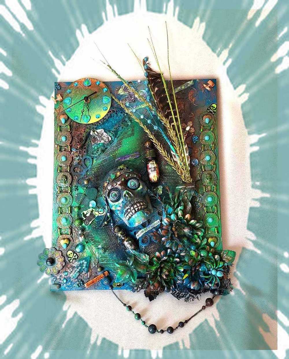 Clock, Voodoo Skull Witch Doctor on 16x20 inch Canvas with Turquoise Beads and Motorcycles