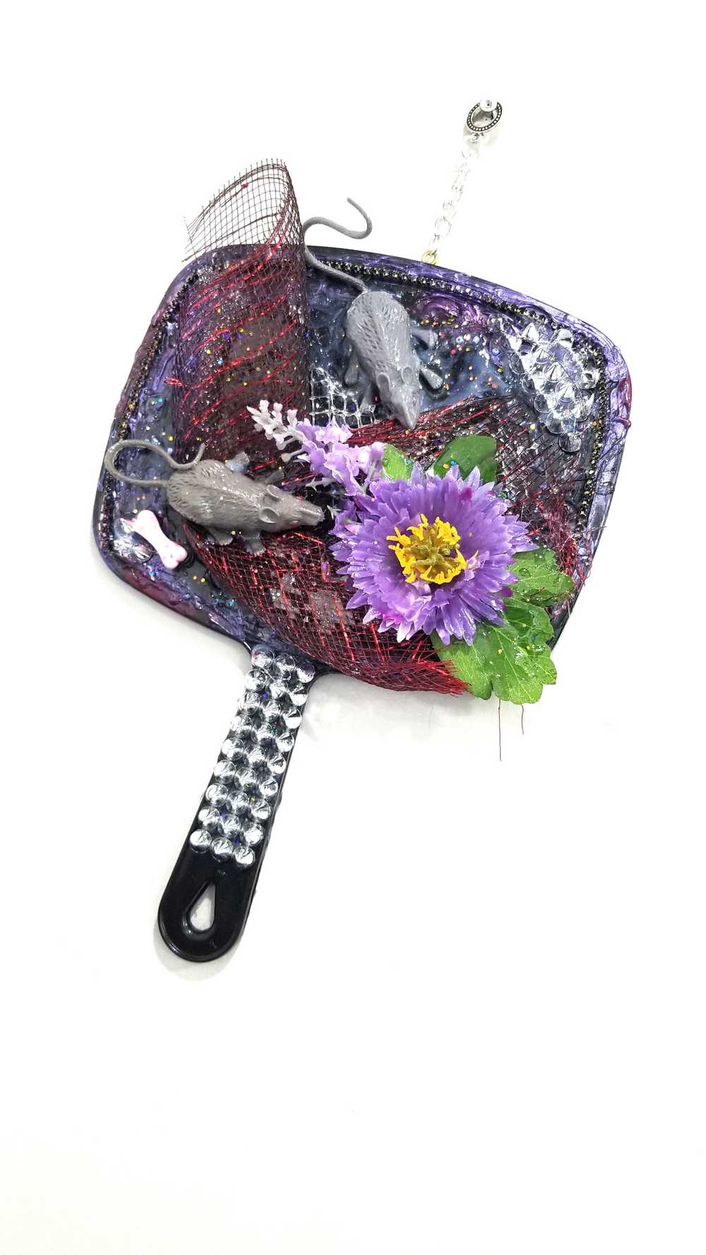 Black Studded Hand Held Mirror with Rats and Purple Flowers. Punk Art